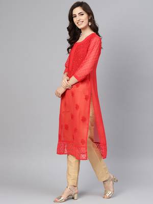 Red embroidered georgette chikankari-kurtis 3