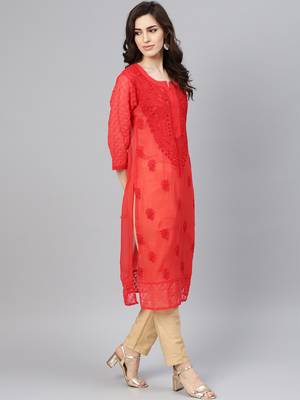 Red embroidered georgette chikankari-kurtis 4