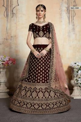 Maroon Embroidered Velvet Unstitched Lehenga 1