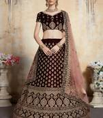 Maroon Embroidered Velvet Unstitched Lehenga