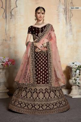 Maroon Embroidered Velvet Unstitched Lehenga 2
