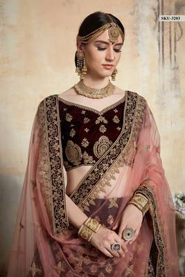 Maroon Embroidered Velvet Unstitched Lehenga 3