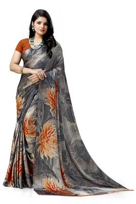 Grey printed satin saree with blouse 1