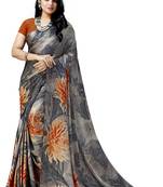 Grey printed satin saree with blouse