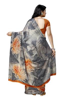 Grey printed satin saree with blouse 2