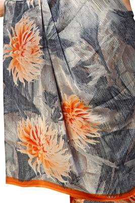 Grey printed satin saree with blouse 3