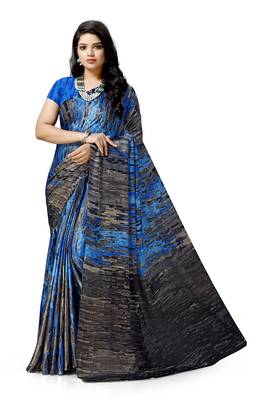 Blue printed satin saree with blouse 1