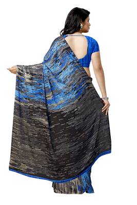 Blue printed satin saree with blouse 2