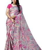Pink printed satin saree with blouse