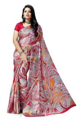 Red printed satin saree with blouse 1