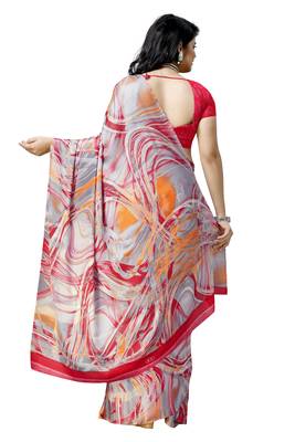 Red printed satin saree with blouse 2