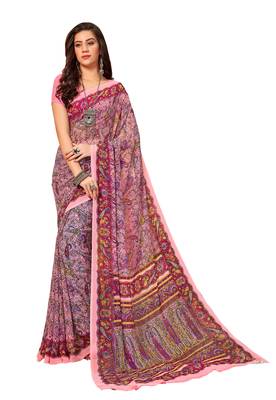 Orange printed georgette saree with blouse 1