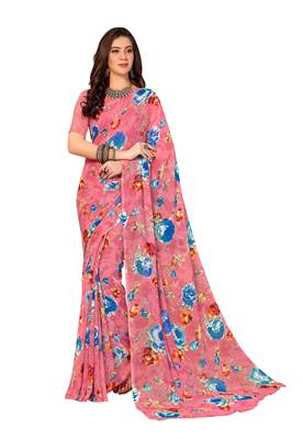 Pink printed georgette saree with blouse 1