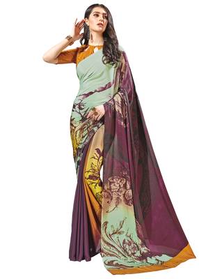 Mustard  printed crepe saree with blouse 1