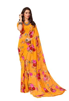 Orange printed georgette saree with blouse 1