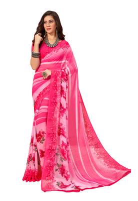 Pink printed georgette saree with blouse 1