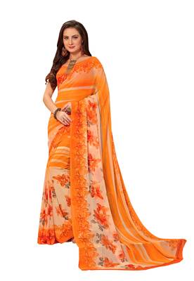 Orange printed georgette saree with blouse 1
