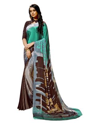 Green printed crepe saree with blouse 1