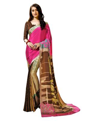 Pink printed crepe saree with blouse 1