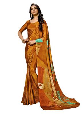 Mustard printed crepe saree with blouse 1
