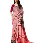 Pink printed crepe saree with blouse