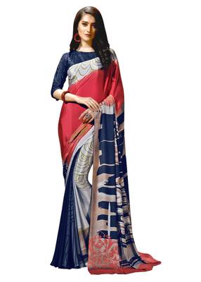 Red printed crepe saree with blouse 1
