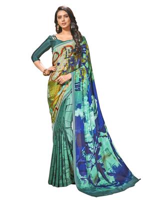 Green printed crepe saree with blouse 1