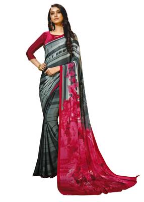Pink printed crepe saree with blouse 1