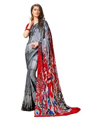 Grey printed crepe saree with blouse 1