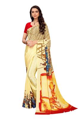 Red printed crepe saree with blouse 1