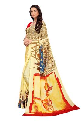 Red printed crepe saree with blouse 2