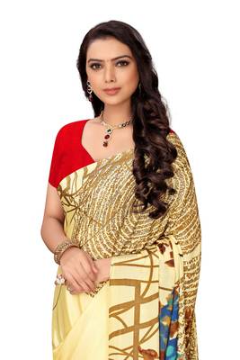 Red printed crepe saree with blouse 3