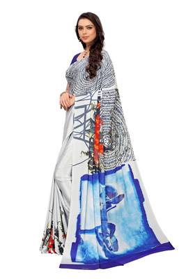 Blue printed crepe saree with blouse 2