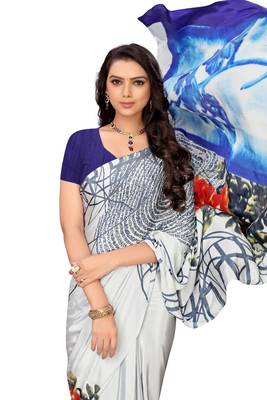 Blue printed crepe saree with blouse 3