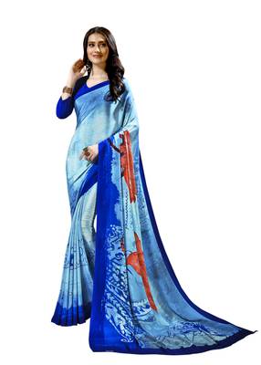 Blue printed crepe saree with blouse 1
