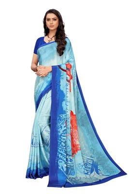 Blue printed crepe saree with blouse 2