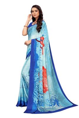 Blue printed crepe saree with blouse 3