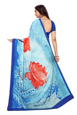 Blue printed crepe saree with blouse 4