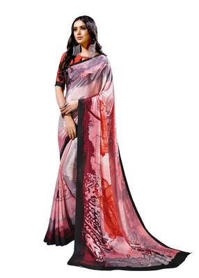 Red printed crepe saree with blouse 1