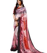 Red printed crepe saree with blouse