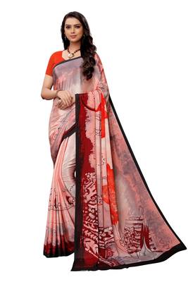 Red printed crepe saree with blouse 2