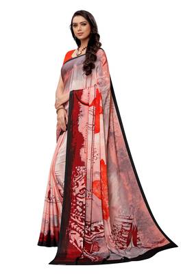 Red printed crepe saree with blouse 3