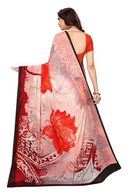 Red printed crepe saree with blouse 5
