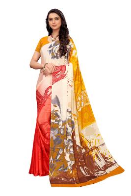 Mustard  printed crepe saree with blouse 2