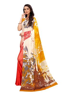 Mustard  printed crepe saree with blouse 3