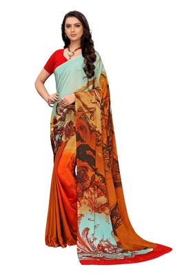 Mustard  printed crepe saree with blouse 1