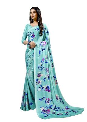 Blue printed crepe saree with blouse 1