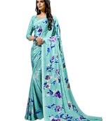 Blue printed crepe saree with blouse