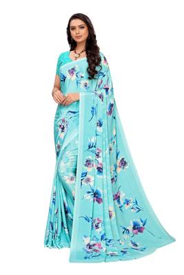 Blue printed crepe saree with blouse 2