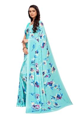 Blue printed crepe saree with blouse 3